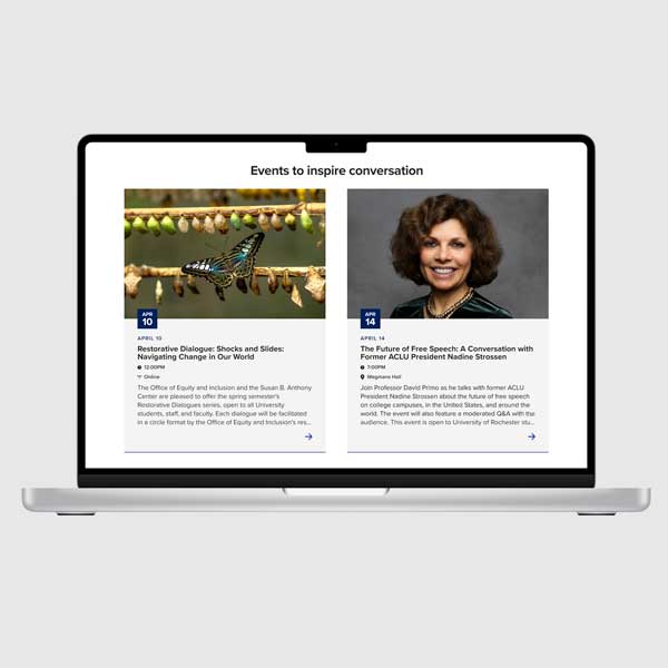 Website prototype featuring a list of event based content layout.