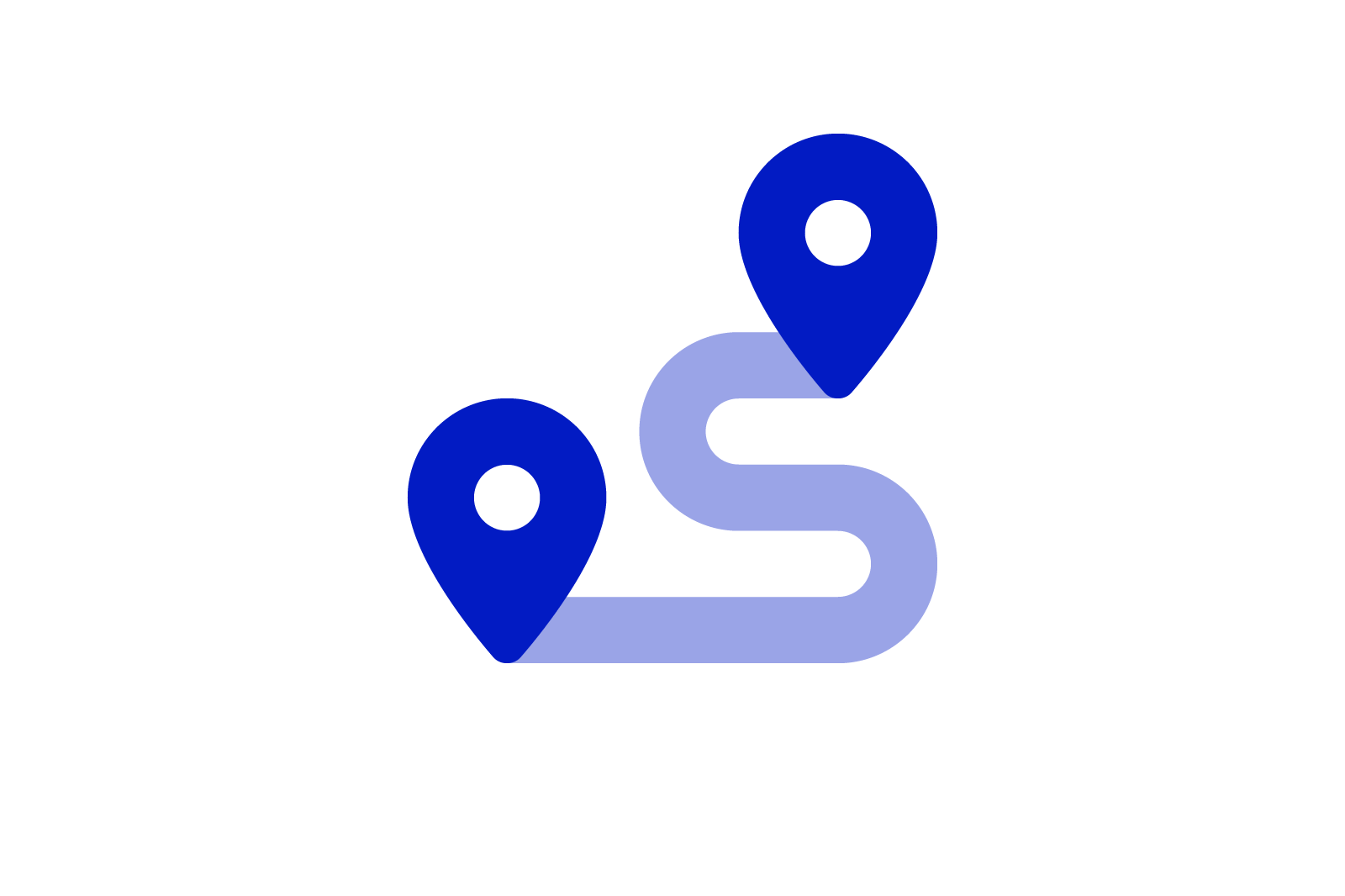 Two blue map pins connected by path.