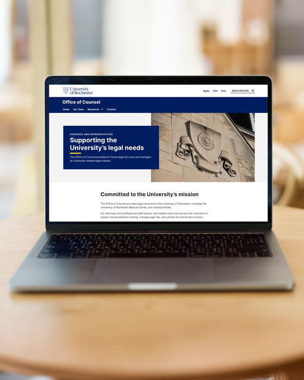 Screenshot of the University of Rochester's Office of Counsel website, showcasing its design and layout.