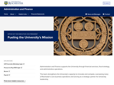 Overview of the University of Rochester's website, featuring navigation options and key institutional information.