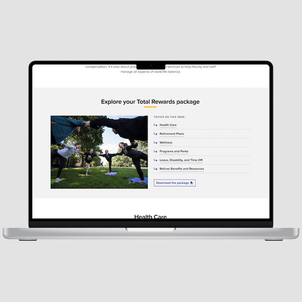 Laptop displaying a webpage about Total Rewards package benefits with a yoga image and a list of topics.