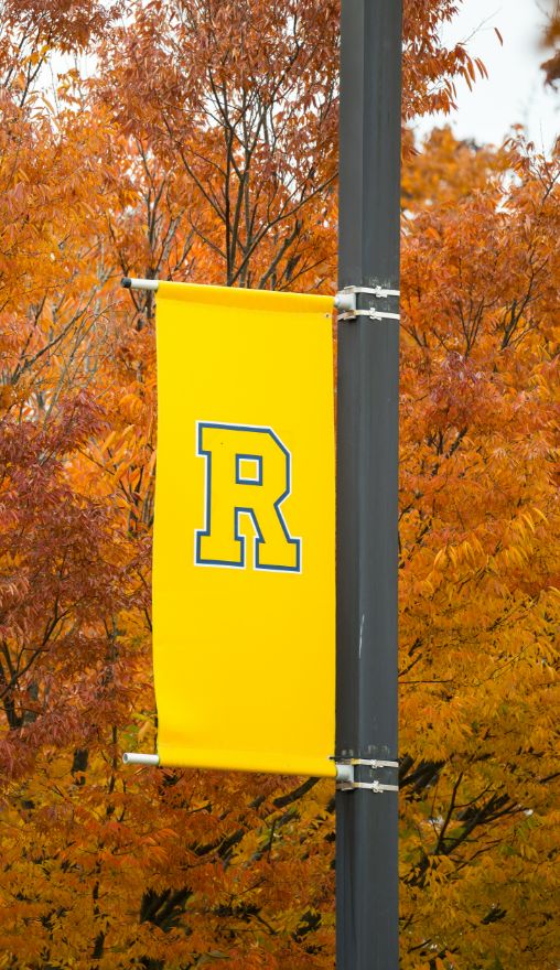 A vibrant yellow and blue banner prominently displaying the letter "R" in the center.