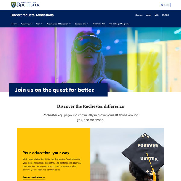 University of Rochester Undergraduate Admissions webpage with a banner image of a person in virtual reality goggles and text about the university's curriculum.