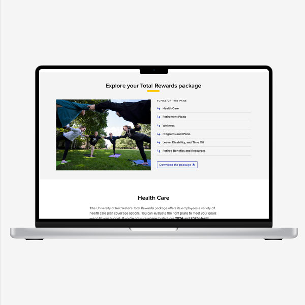 Laptop displaying a webpage about Total Rewards package benefits with a yoga image and a list of topics.