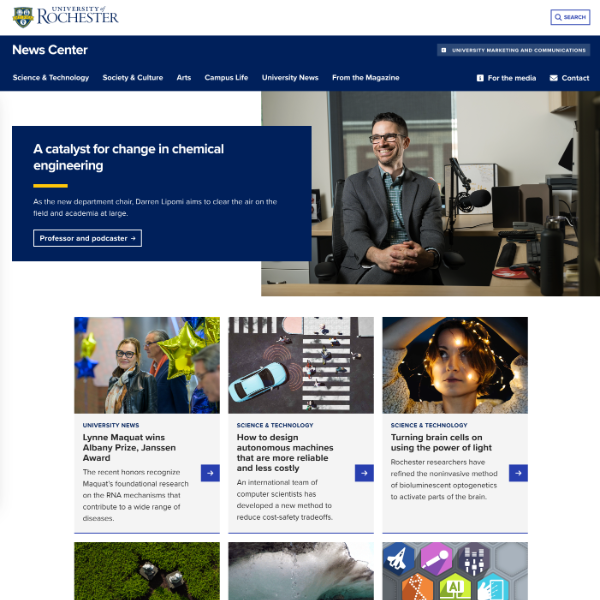 University of Rochester News Center webpage featuring articles and a profile on chemical engineering.